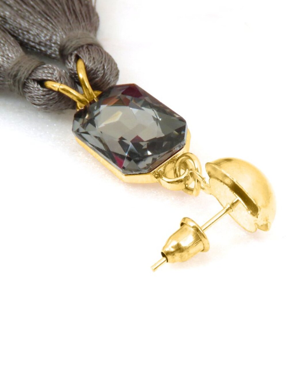 Fashion Women Grey Tassel Drop Earrings with Crystal Stone & Gold Plated Stud - Picture 3 of 4